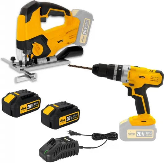 Pack Scie sauteuse + Perceuse sans fil 20V + 2 Batteries lithium 4.0 Ah + 1 Chargeur rapide VITO