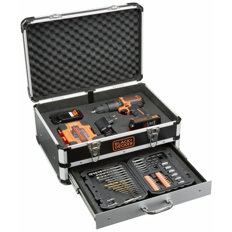 Perceuse à percussion sans fil 18V + 2 batteries lithium 1.5Ah Black + Decker + Coffret métal 80 accessoires