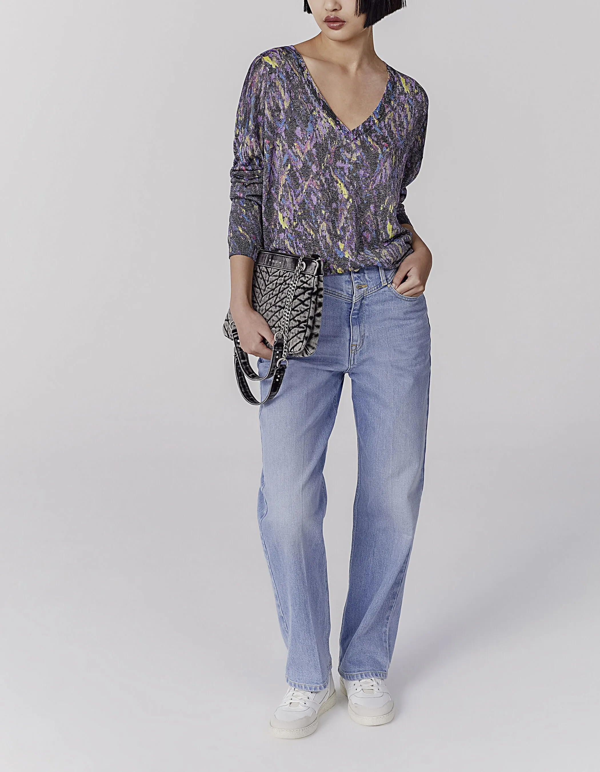 Pull imprimé coloré apport fil métallisé femme