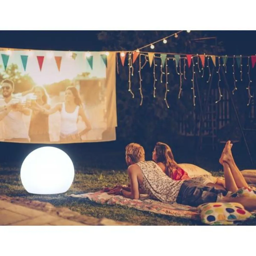 Sphère lumineuse extérieure solaire ou rechargeable buly 60cm blanche sans fil led rgbw 128 couleurs ip65